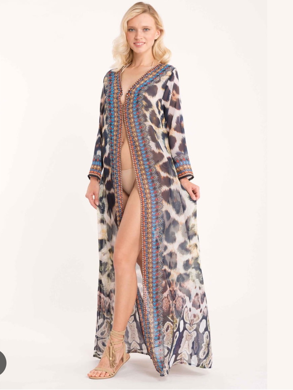 VENUS Multicolor Leopard-Print Long Sleeve Maxi Kimono